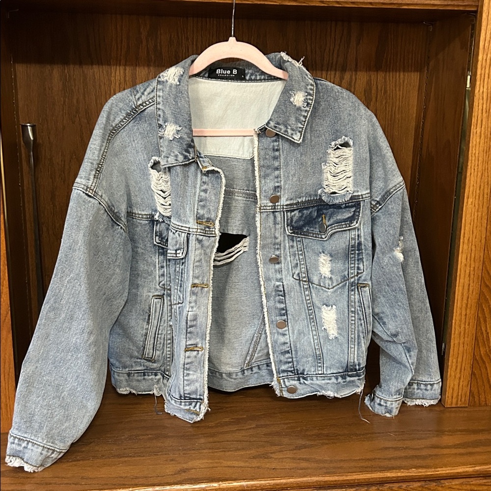 Blue B Collection oversized Distressed Denim Jacket Light Blue Size Small